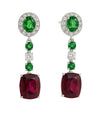 18kt White Gold Earrings with Red Claret Rhodolite, Emerald Green Tsavorite and accented with Diamonds.